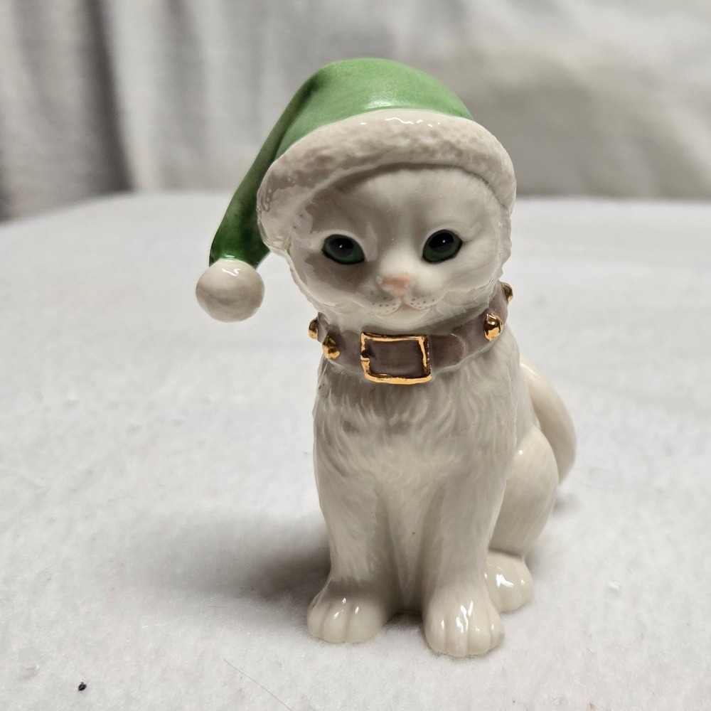 Lenox Santas Kitty Elf Porcelain Christmas Figurine White Cat Green Hat 824982